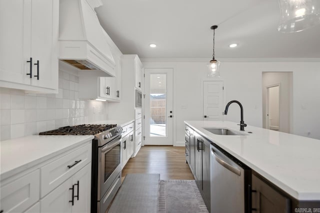 kitchen featuring stainless steel appliances, premium range hood, a sink, white cabinetry, and decorative backsplash