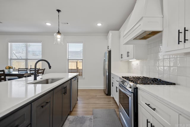 kitchen with crown molding, stainless steel appliances, tasteful backsplash, custom range hood, and a sink