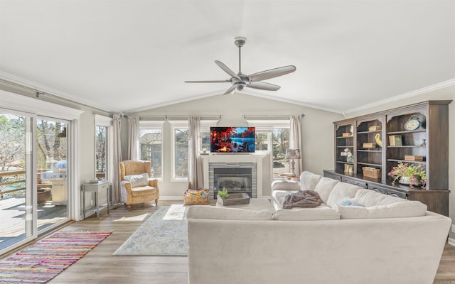 living area featuring crown molding, a fireplace, vaulted ceiling, and wood finished floors