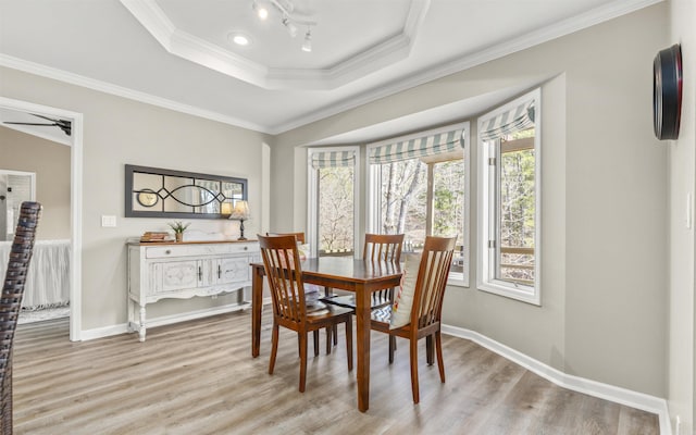 dining room featuring light wood-style floors, a raised ceiling, crown molding, and baseboards