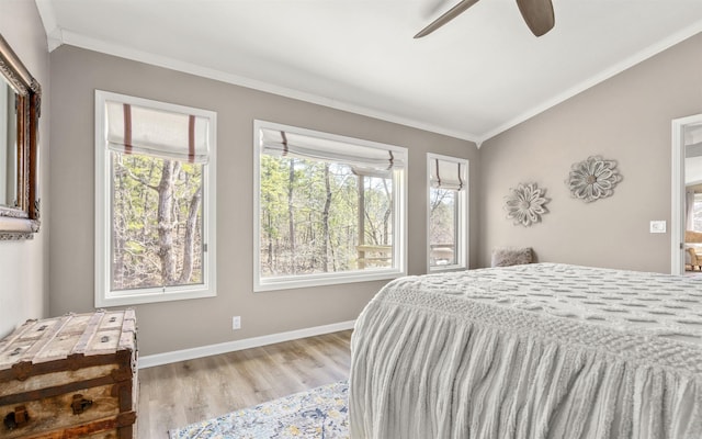 bedroom featuring baseboards, multiple windows, wood finished floors, and crown molding