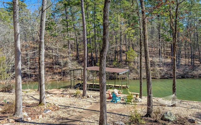 view of yard with a water view and a view of trees