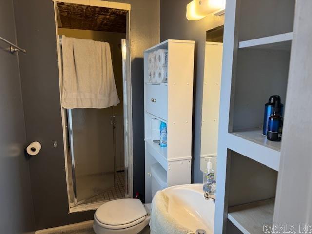 full bathroom featuring toilet and a shower stall