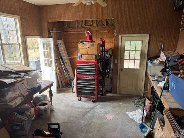 storage area with a ceiling fan