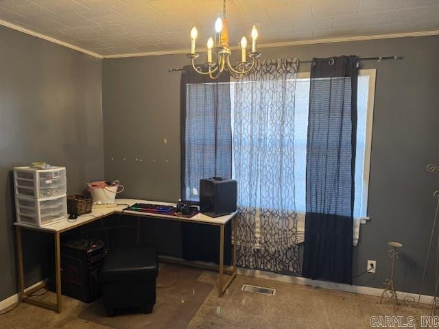 office space with ornamental molding, a chandelier, visible vents, and baseboards