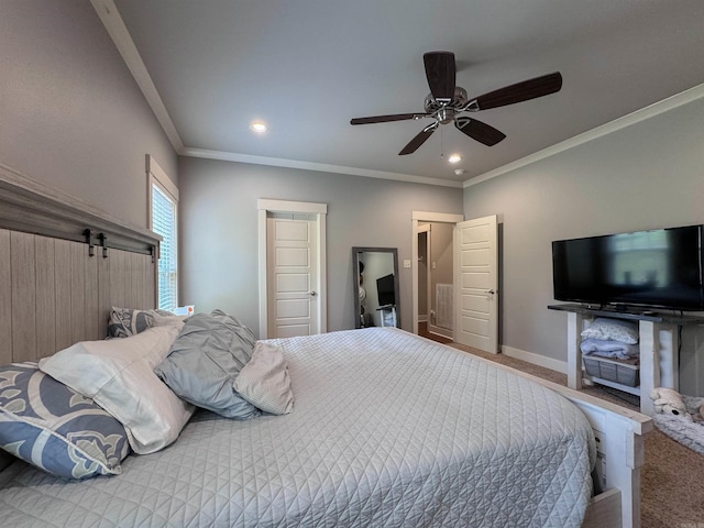 carpeted bedroom with recessed lighting, crown molding, baseboards, and ceiling fan