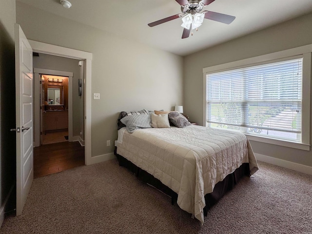 bedroom featuring carpet flooring, ceiling fan, and baseboards