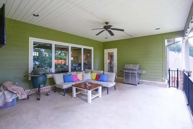 view of patio / terrace featuring an outdoor hangout area, grilling area, and a ceiling fan