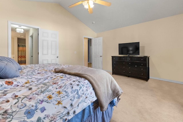 bedroom featuring a ceiling fan, light carpet, high vaulted ceiling, and baseboards