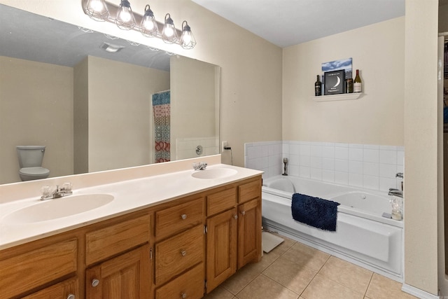 bathroom with toilet, a bath, a sink, and tile patterned floors