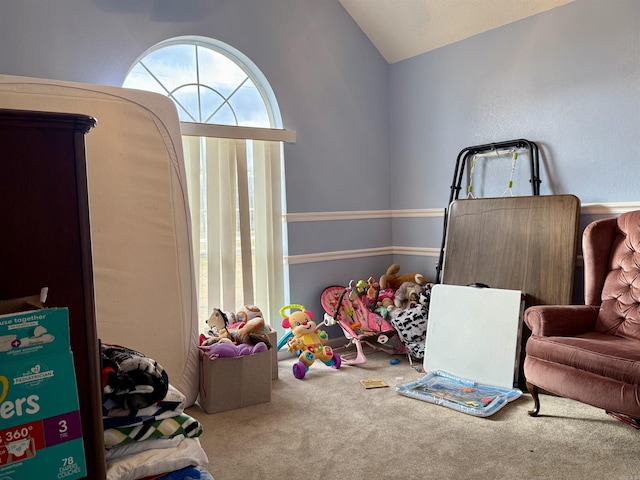 game room featuring carpet floors and lofted ceiling