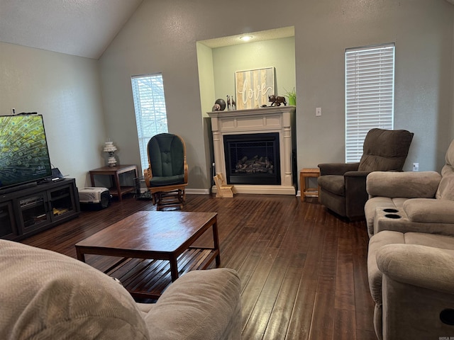 living room featuring wood-type flooring, a fireplace with raised hearth, and vaulted ceiling