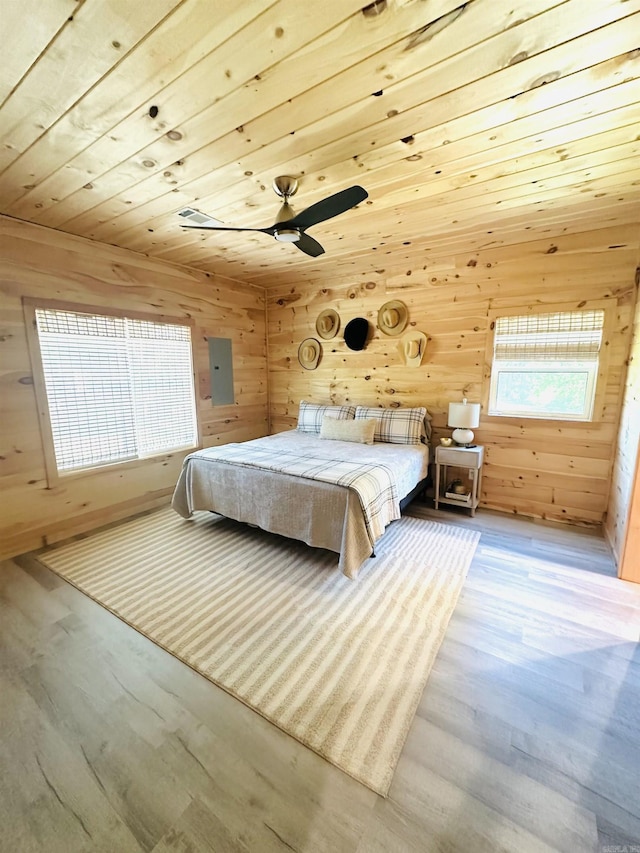 bedroom featuring light wood-style floors, wooden ceiling, wood walls, and ceiling fan