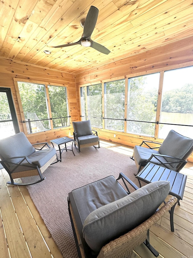 living room with wood ceiling, ceiling fan, wooden walls, and hardwood / wood-style floors