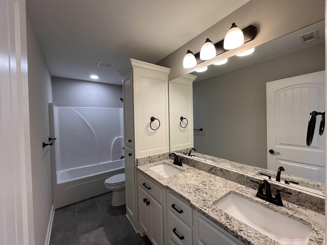 full bath with shower / bath combination, visible vents, a sink, and toilet