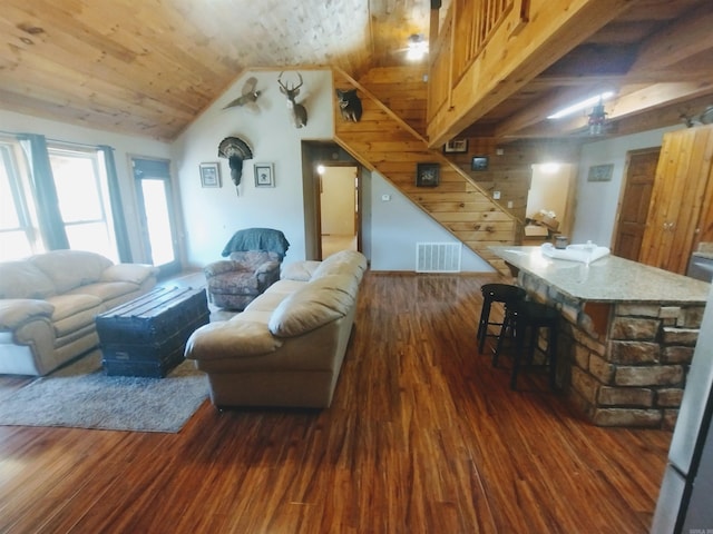 living area with lofted ceiling, wood ceiling, visible vents, and wood finished floors