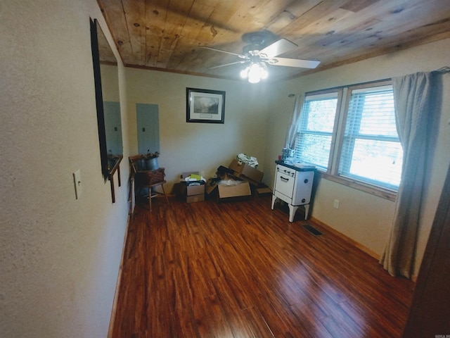 interior space with ceiling fan, wood finished floors, visible vents, wood ceiling, and electric panel