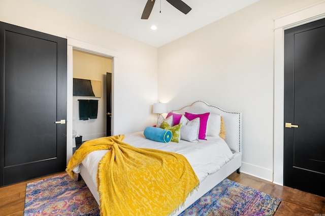 bedroom featuring ceiling fan, wood finished floors, and recessed lighting