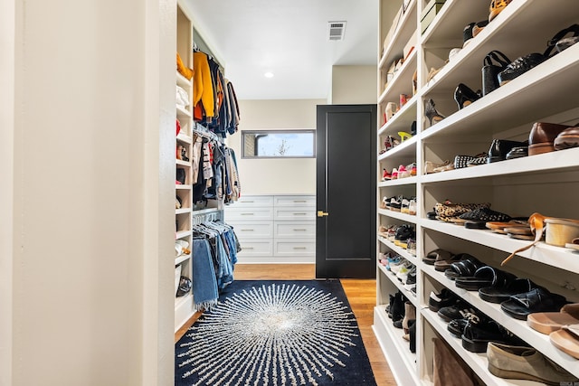 walk in closet featuring visible vents and light wood-style flooring