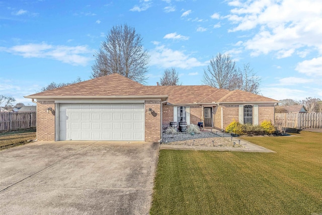 ranch-style home featuring brick siding, concrete driveway, an attached garage, fence, and a front lawn