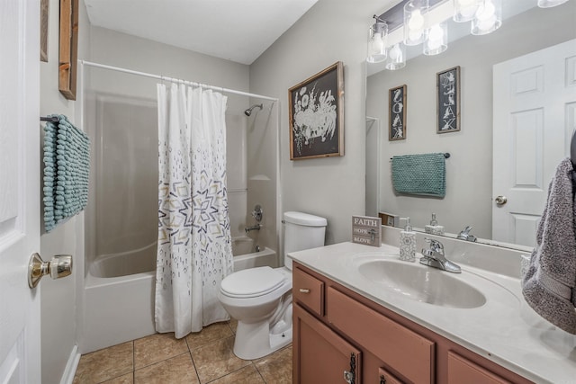 full bath with shower / tub combo, vanity, toilet, and tile patterned floors