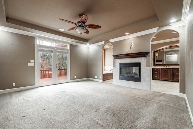 unfurnished living room with carpet, a raised ceiling, and a textured wall