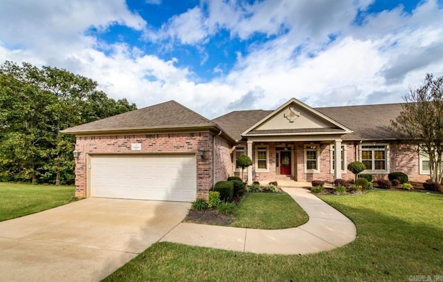 view of front of property with brick siding, a porch, concrete driveway, a garage, and a front lawn