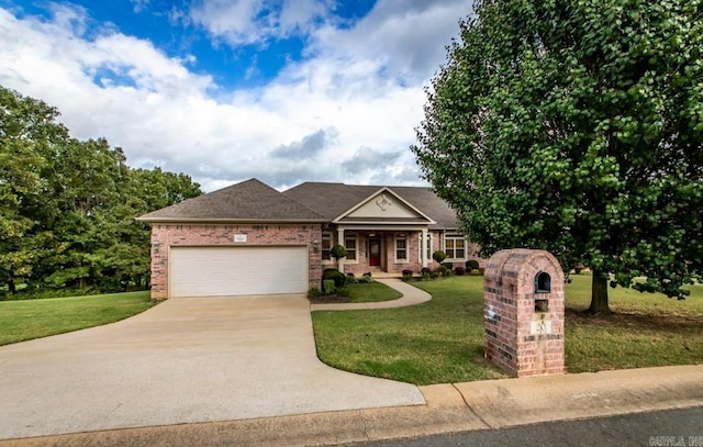 view of front facade with concrete driveway, an attached garage, a front yard, a porch, and brick siding