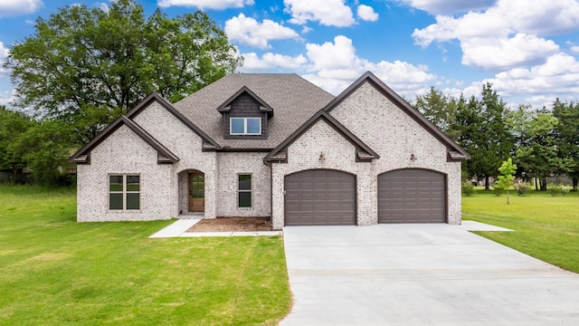 french provincial home featuring brick siding, a garage, roof with shingles, a front yard, and concrete driveway