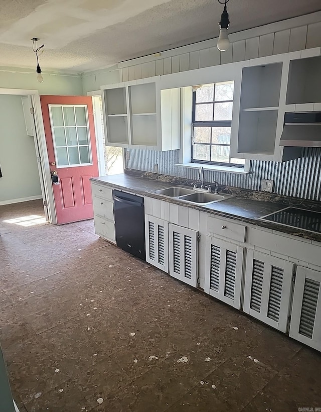 kitchen with a sink, under cabinet range hood, black appliances, and open shelves