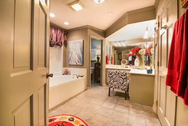 full bath featuring ornamental molding, recessed lighting, toilet, and a bath