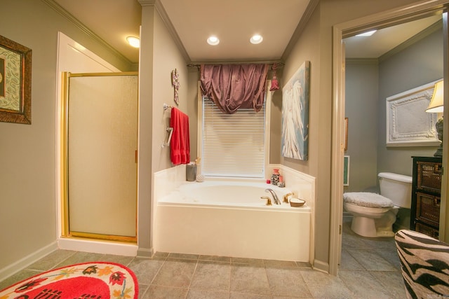 bathroom with ornamental molding, a stall shower, toilet, and a bath