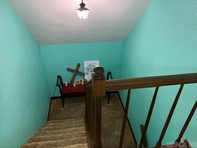 stairway featuring carpet, vaulted ceiling, and a textured ceiling