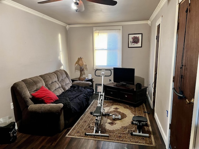 living area featuring ornamental molding, ceiling fan, and wood finished floors