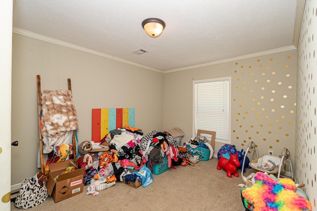 game room featuring carpet floors, visible vents, and crown molding