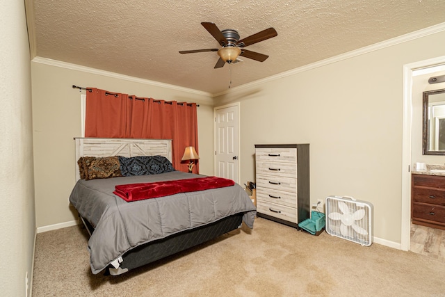 bedroom featuring ornamental molding and light carpet