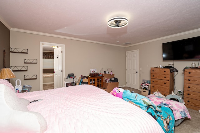 bedroom featuring carpet, ornamental molding, and a textured ceiling