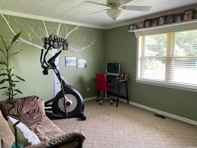 home office featuring ornamental molding, carpet, visible vents, and baseboards