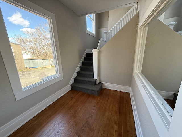 staircase with plenty of natural light, baseboards, and wood finished floors