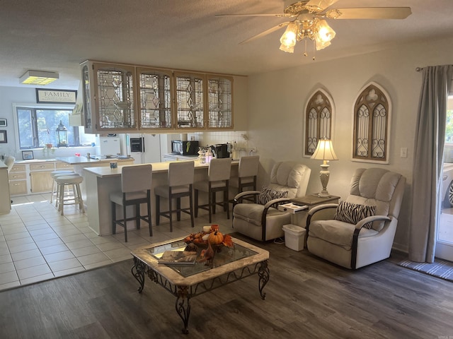 living room featuring a textured ceiling, a ceiling fan, and wood finished floors