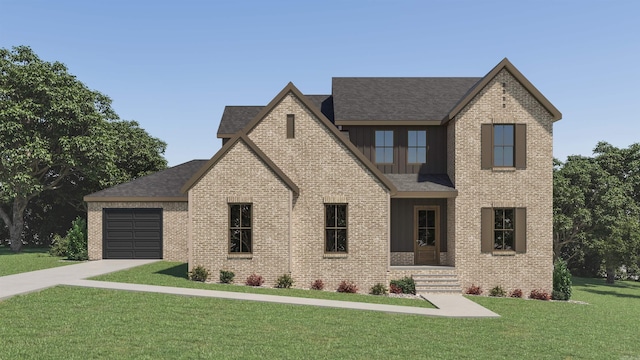 view of front facade with board and batten siding, a front yard, brick siding, and an attached garage