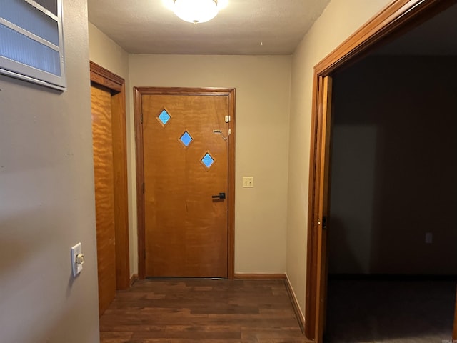 entryway featuring baseboards and dark wood-style flooring