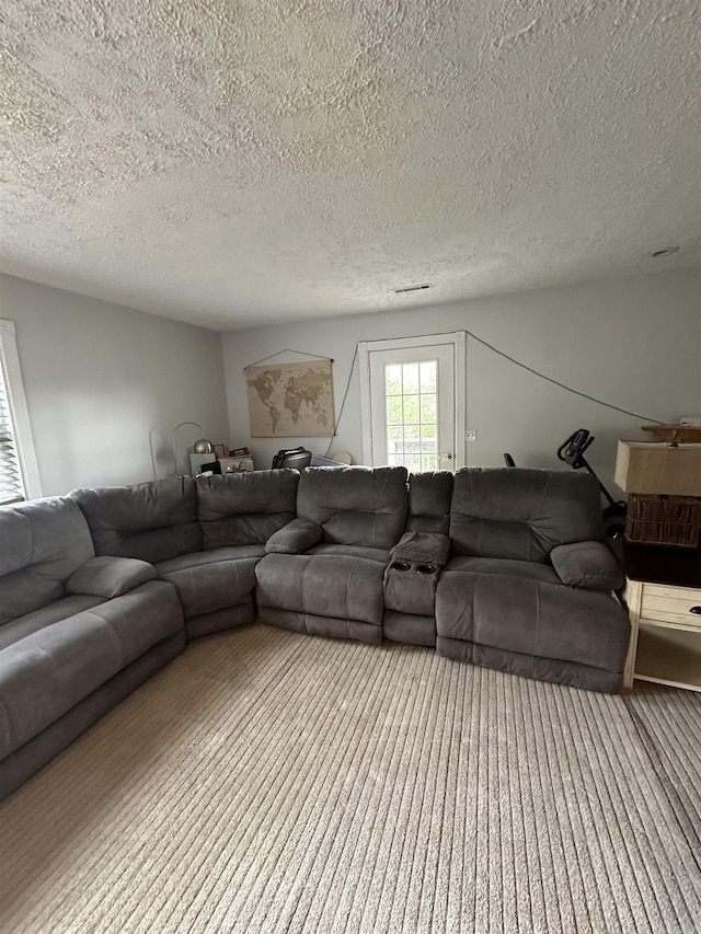 carpeted living room featuring a textured ceiling