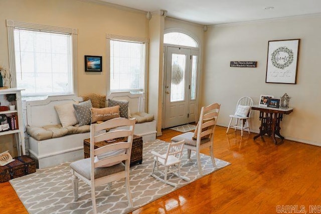 living area featuring ornamental molding and wood finished floors