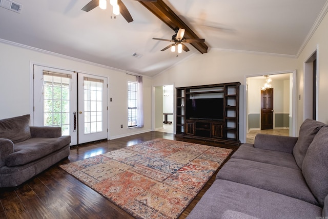 living area with french doors, visible vents, lofted ceiling with beams, and wood finished floors