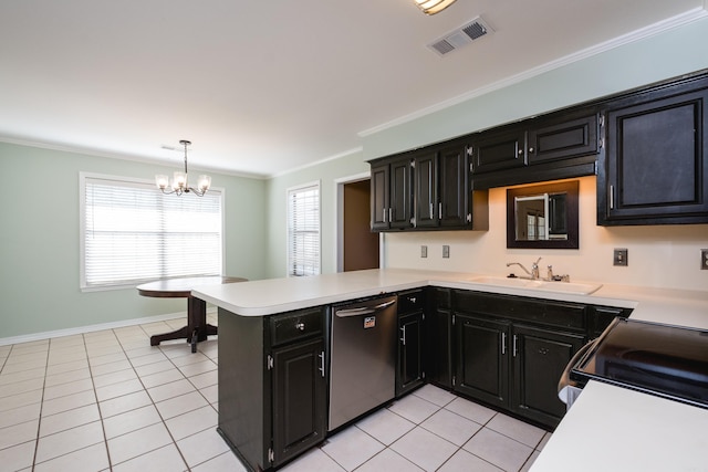 kitchen featuring stainless steel dishwasher, a sink, visible vents, and dark cabinetry