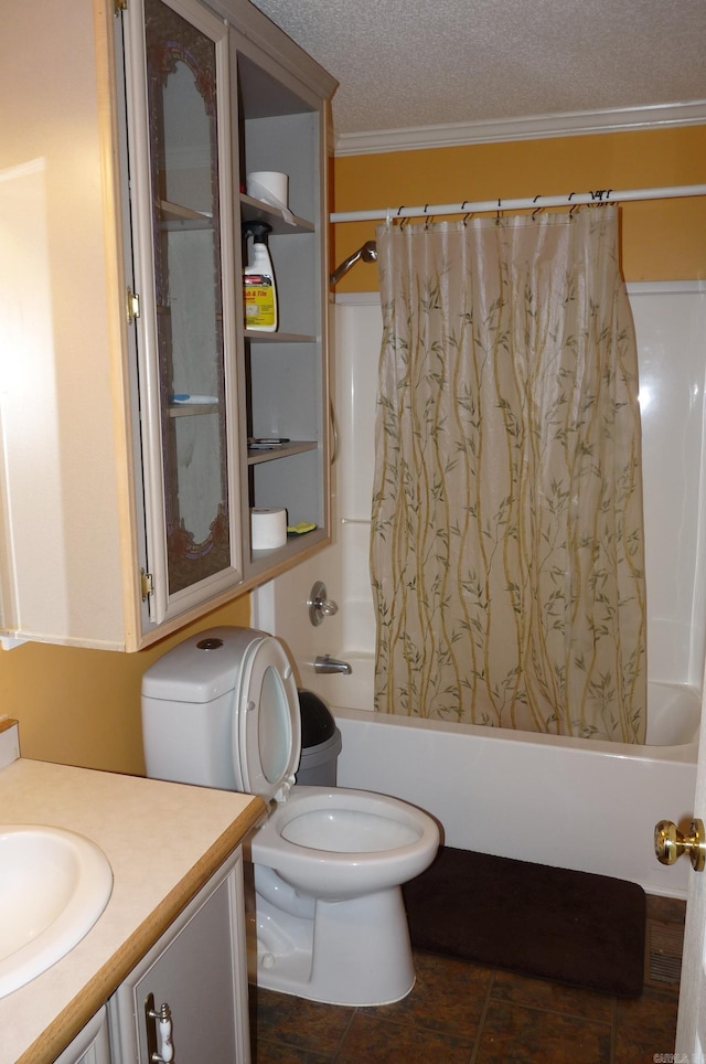 bathroom featuring crown molding, shower / bathtub combination with curtain, toilet, a textured ceiling, and vanity