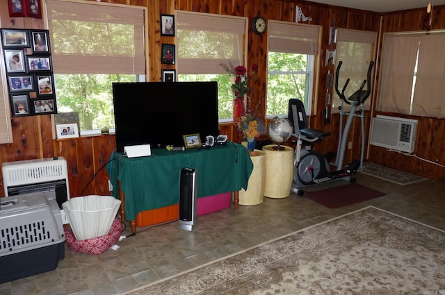 interior space with a healthy amount of sunlight, wood walls, and heating unit