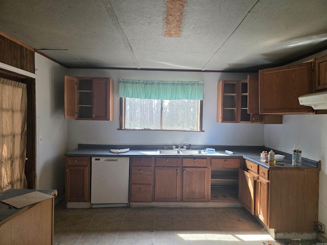 kitchen featuring a sink, dark countertops, open shelves, and dishwasher