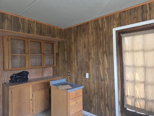 interior space with wood walls, glass insert cabinets, and brown cabinets